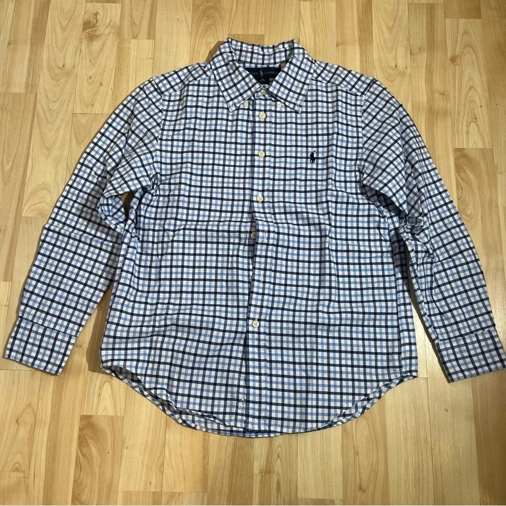Ralph Lauren Shirt Boys medium 10/12 Blue Check Button-up 100% Cotton Mint
